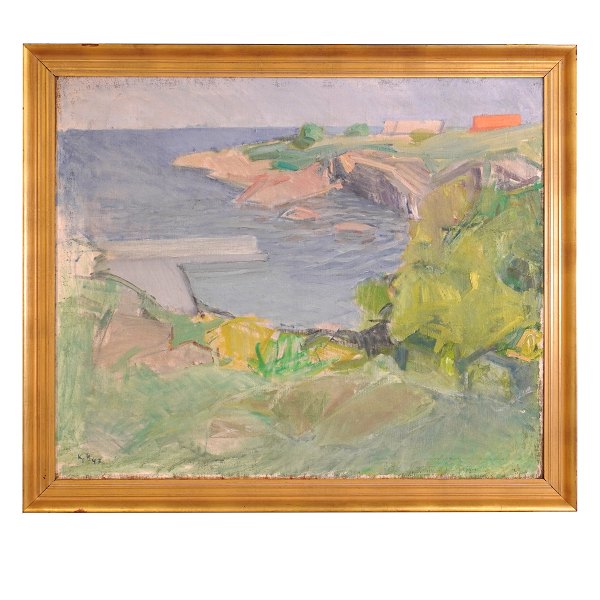 Kjeld Hansen, 1919-2012, olie på lærred. Kystparti, Bornholm. Signeret og dateret 1947. Lysmål: 89x107cm. Med ramme: 103x121cm