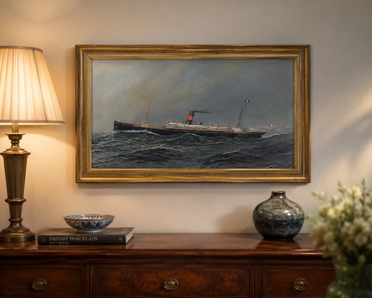Antonio Jacobsen, oliemaleri på malerplade, listet dansk-amerikansk marinemaler.