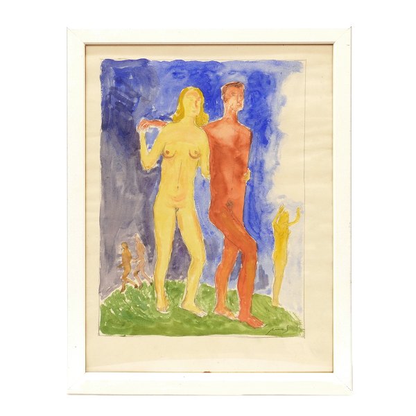 Jens Søndergaard akvarel. Jens Søndergaard, 1895-1957, akvarel med motiv i form af ægtepar (Søndergaard?). Signeret "Jens". Lysmål: 33x24cm. Med ramme: 43x33cm