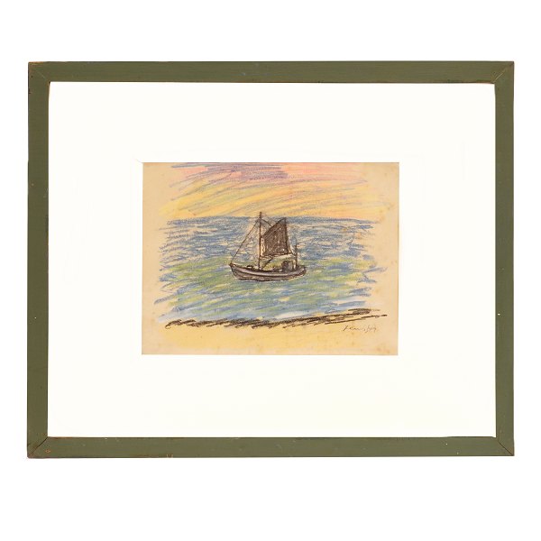 Jens Søndergaard tegning. Jens Søndergaard, 1895-1957, kridttegning af skib ved kyst. Signeret. Lysmål: 21x28cm. Med ramme: 42,5x52cm