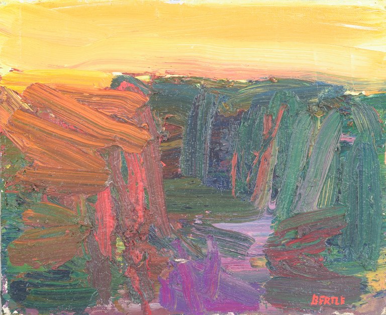 Lars Bertle, “Höstkväll”, olie på plade, listet svensk billedkunstner.