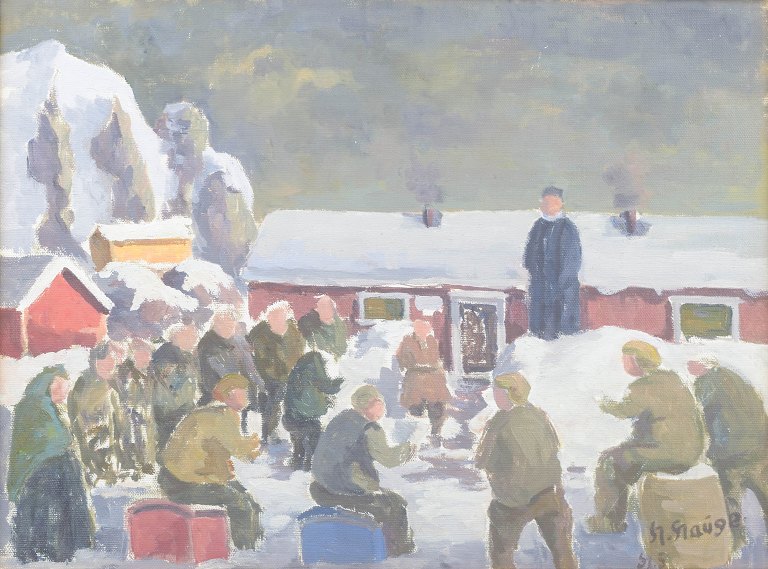 Halfdan Hauge, “Vintersamling”, olie på lærred, listet norsk maler.